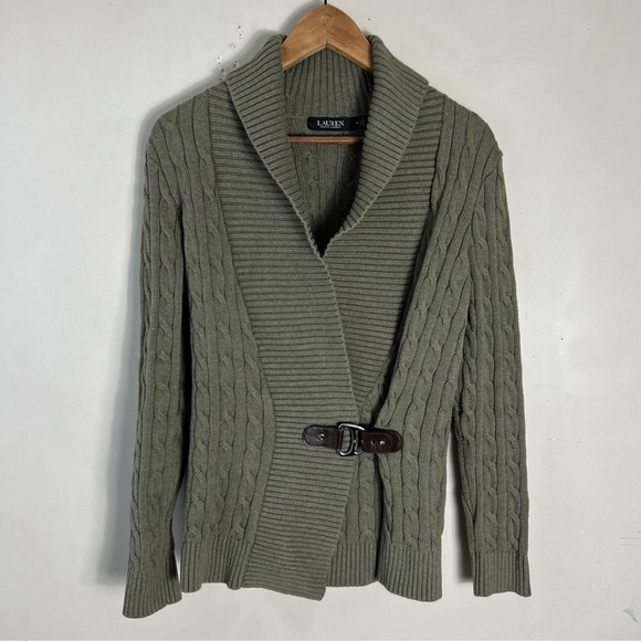 Lauren Ralph Lauren Green Cable Knit Buckled Sweater Size Medium Women’s Cotton - Picture 1 of 9